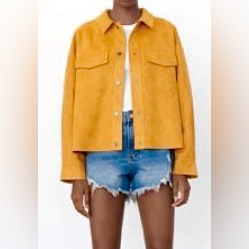 Zara Faux Suede Mustard Yellow Trucker Jacket Snap Buttons Flap Pockets Size XL